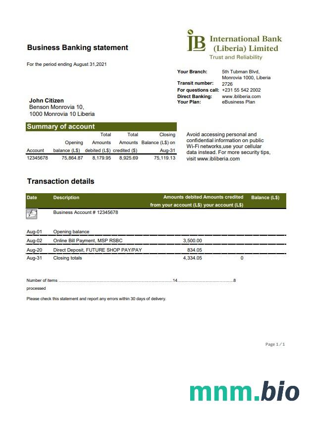 Liberia Global wzór wyciągu bankowego w formacie Word i PDF